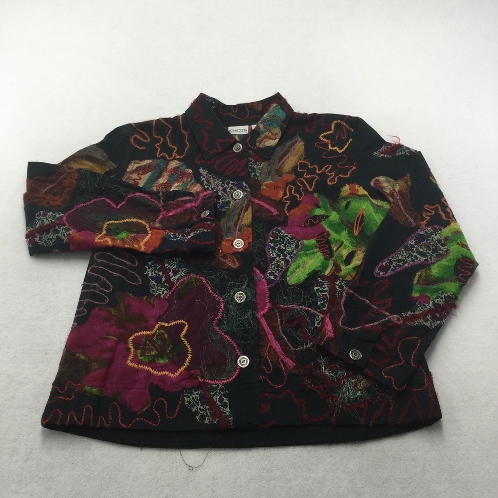 Chico's Jacket Womens 2 Black Multicolor Embroidered Floral Art Button Front